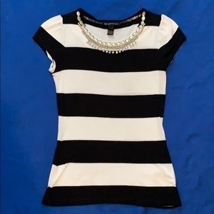 Black and white striped top with jewel neck accent